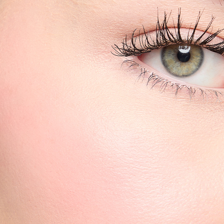Model with fair skin wearing pale pink blush on her cheek